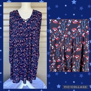 Navy Blue Floral Empire Waist Style Dress w/ Crisscross V-Neck Detailing